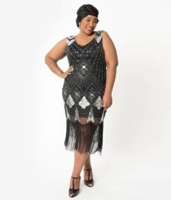 Unique Vintage Plus Size 1920s Black & Silver Sequin Lina Fringe Flapper Dress