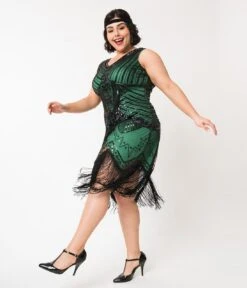 Unique Vintage Plus Size 1920s Deco Green & Black Sequin Veronique Fringe Flapper Dress -New Dress Store unique vintage plus size 1920s deco green black sequin veronique fringe flapper dress 395177