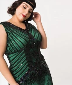Unique Vintage Plus Size 1920s Deco Green & Black Sequin Veronique Fringe Flapper Dress -New Dress Store unique vintage plus size 1920s deco green black sequin veronique fringe flapper dress 571346