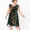 Unique Vintage Plus Size 1920s Emerald Velvet Floral Burnout Hemingway Flapper Dress