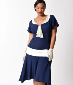 Unique Vintage Plus Size 1920s Navy Blue & Ivory Wilshire Flapper Day Dress 7 Unique Vintage Plus Size 1920s Navy Blue & Ivory Wilshire Flapper Day Dress -New Dress Store unique vintage plus size 1920s navy blue ivory wilshire flapper day dress 984286