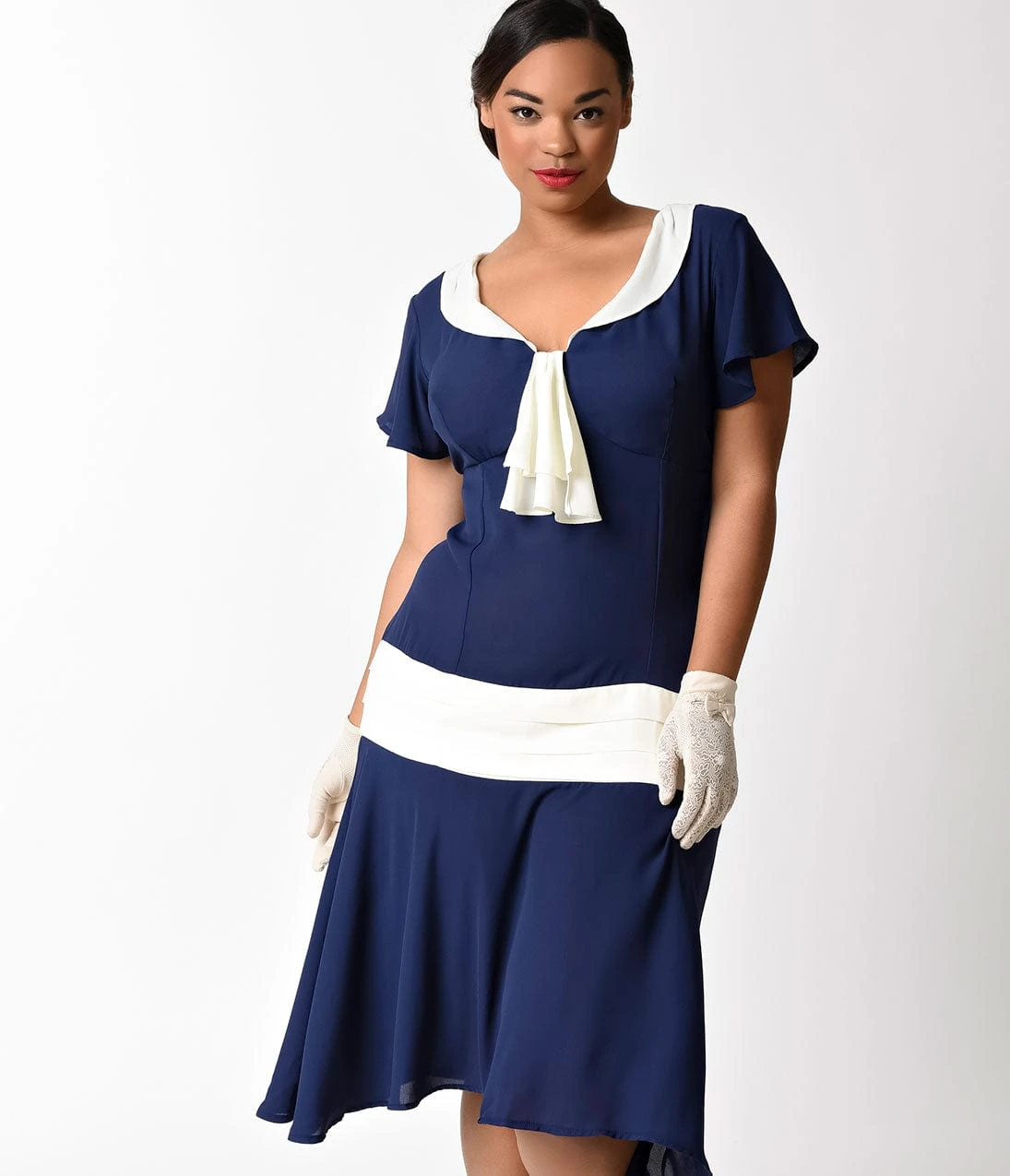 Unique Vintage Plus Size 1920s Navy Blue & Ivory Wilshire Flapper Day Dress 3 Unique Vintage Plus Size 1920s Navy Blue & Ivory Wilshire Flapper Day Dress - Image 3