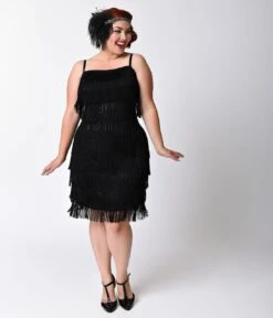 Unique Vintage Plus Size 1920s Style Black Speakeasy Tiered Fringe Flapper Dress -New Dress Store unique vintage plus size 1920s style black speakeasy tiered fringe flapper dress 313886