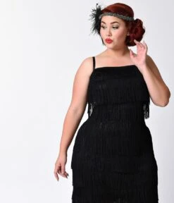 Unique Vintage Plus Size 1920s Style Black Speakeasy Tiered Fringe Flapper Dress -New Dress Store unique vintage plus size 1920s style black speakeasy tiered fringe flapper dress 413490