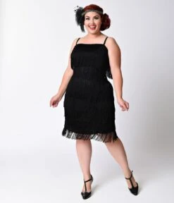 Unique Vintage Plus Size 1920s Style Black Speakeasy Tiered Fringe Flapper Dress -New Dress Store unique vintage plus size 1920s style black speakeasy tiered fringe flapper dress 487229