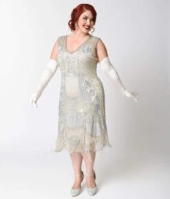 Unique Vintage Plus Size 1920s Style Silver Beaded Fringe Bosley Flapper Dress -New Dress Store unique vintage plus size 1920s style silver beaded fringe bosley flapper dress 182694