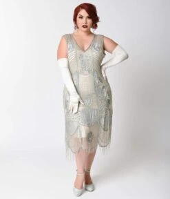 Unique Vintage Plus Size 1920s Style Silver Beaded Fringe Bosley Flapper Dress -New Dress Store unique vintage plus size 1920s style silver beaded fringe bosley flapper dress 284013