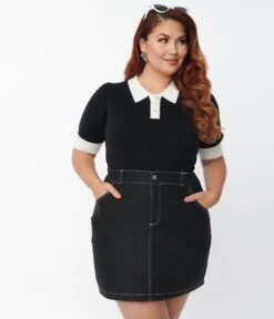 Unique Vintage Plus Size 1950s Black & White Collar Prim & Pretty Sweater -New Dress Store unique vintage plus size 1950s black white collar prim pretty sweater 103010