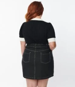 Unique Vintage Plus Size 1950s Black & White Collar Prim & Pretty Sweater -New Dress Store unique vintage plus size 1950s black white collar prim pretty sweater 240946