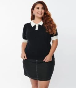 Unique Vintage Plus Size 1950s Black & White Collar Prim & Pretty Sweater -New Dress Store unique vintage plus size 1950s black white collar prim pretty sweater 929128