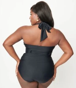 Unique Vintage Plus Size Black Belted Halter Swimsuit -New Dress Store unique vintage plus size black belted halter swimsuit 479108