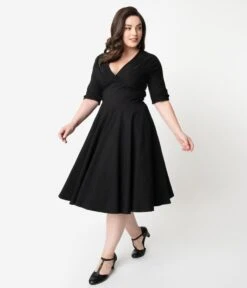 Unique Vintage Plus Size Black Delores Swing Dress With Sleeves -New Dress Store unique vintage plus size black delores swing dress with sleeves 602489