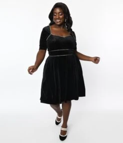 Unique Vintage Plus Size Black Floral Embossed Velvet Bolero Flare Dress -New Dress Store unique vintage plus size black floral embossed velvet bolero flare dress 530692