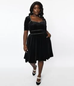 Unique Vintage Plus Size Black Floral Embossed Velvet Bolero Flare Dress -New Dress Store unique vintage plus size black floral embossed velvet bolero flare dress 963274