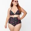 Unique Vintage Plus Size Black & Hot Pink Cherry Pin Dot Monroe Swim Bottom