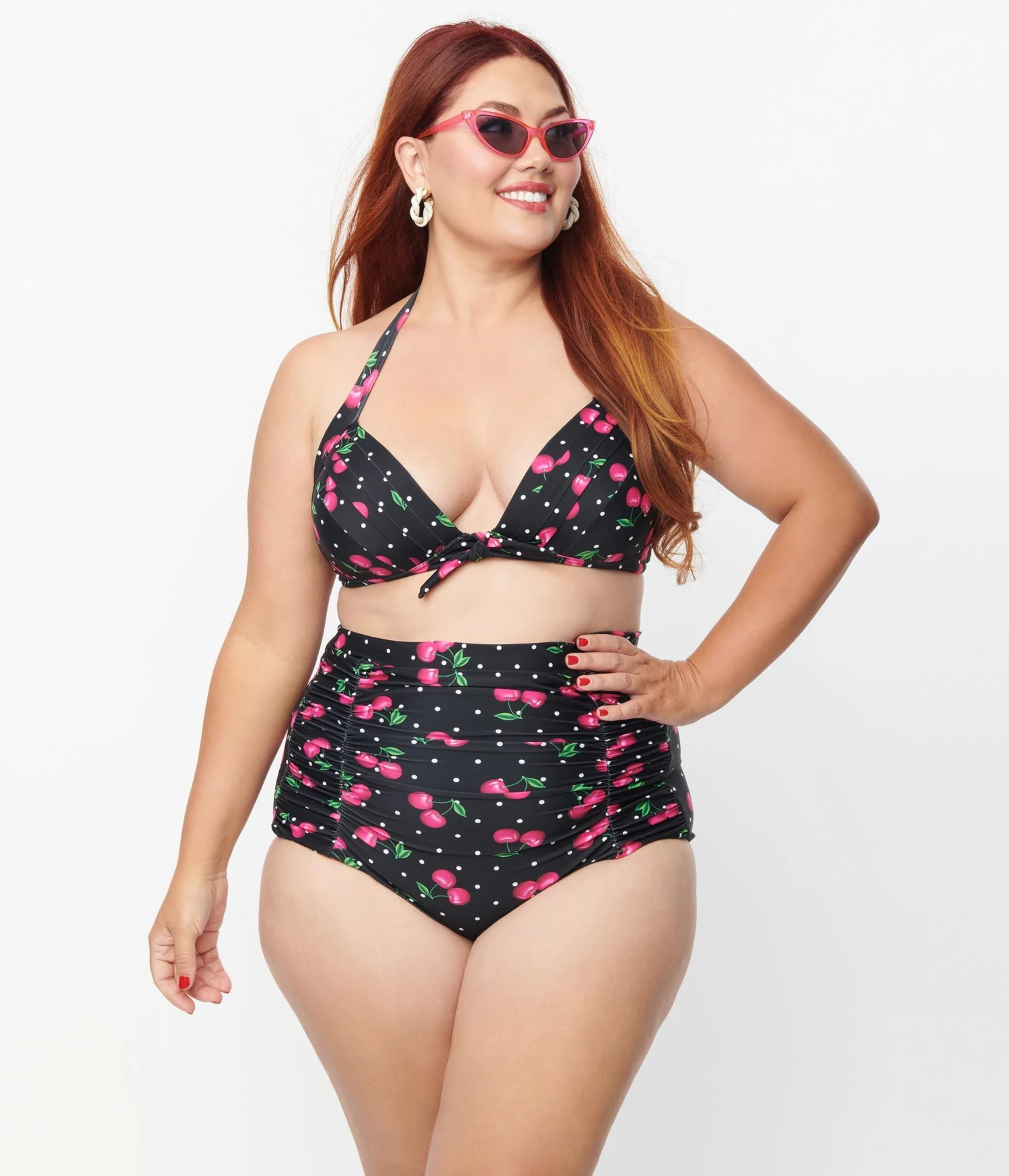 Unique Vintage Plus Size Black & Hot Pink Cherry Pin Dot Monroe Swim Bottom 1 Unique Vintage Plus Size Black & Hot Pink Cherry Pin Dot Monroe Swim Bottom