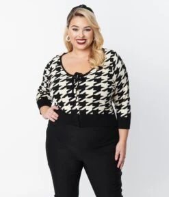 Unique Vintage Plus Size Black & Ivory Houndstooth Dandy Cardigan -New Dress Store unique vintage plus size black ivory houndstooth dandy cardigan 847702