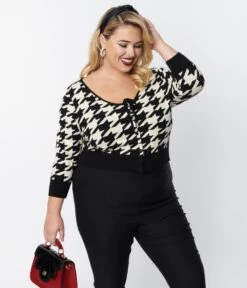 Unique Vintage Plus Size Black & Ivory Houndstooth Dandy Cardigan -New Dress Store unique vintage plus size black ivory houndstooth dandy cardigan 911561