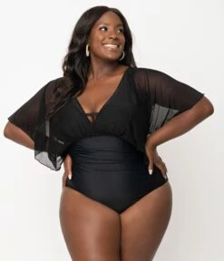 Unique Vintage Plus Size Black Mesh Sleeved Torrey Swimsuit -New Dress Store unique vintage plus size black mesh sleeved torrey swimsuit 871452