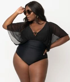 Unique Vintage Plus Size Black Mesh Sleeved Torrey Swimsuit -New Dress Store unique vintage plus size black mesh sleeved torrey swimsuit 980385