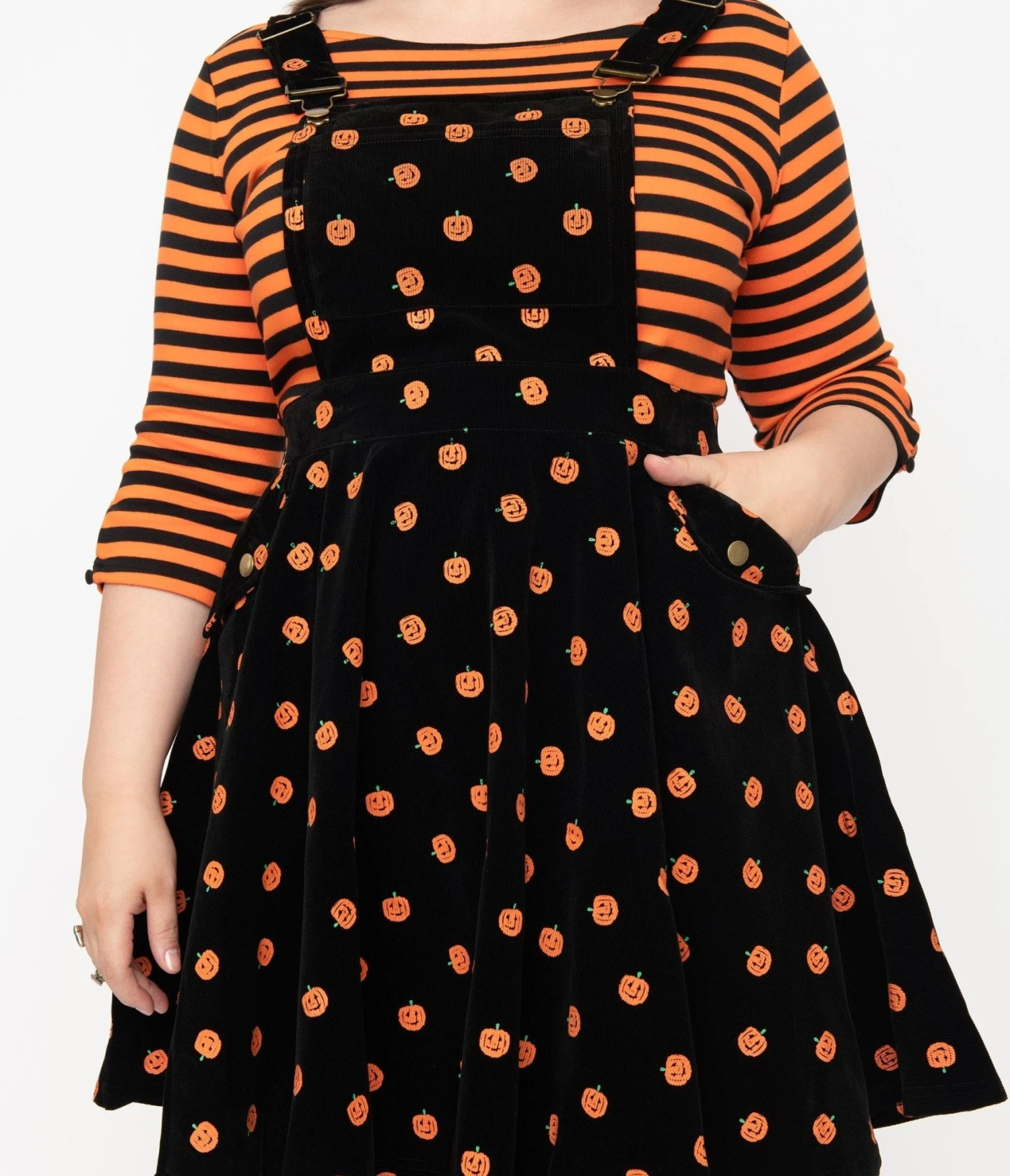 Unique Vintage Plus Size Black & Orange Pumpkin Patch Corduroy Brionne Pinafore Skirt 3 Unique Vintage Plus Size Black & Orange Pumpkin Patch Corduroy Brionne Pinafore Skirt - Image 3