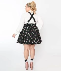 Unique Vintage Plus Size Black & Pink Cherries Brionne Pinafore Skirt -New Dress Store unique vintage plus size black pink cherries brionne pinafore skirt 568933