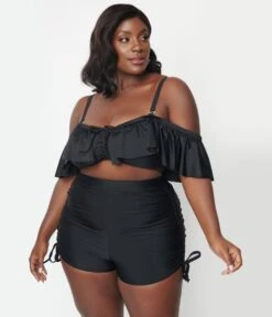 Unique Vintage Plus Size Black Pull Tie Swim Shorts -New Dress Store unique vintage plus size black pull tie swim shorts 377450