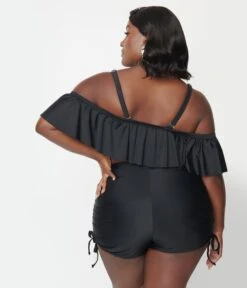 Unique Vintage Plus Size Black Pull Tie Swim Shorts -New Dress Store unique vintage plus size black pull tie swim shorts 495425