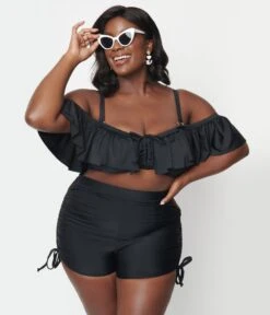 Unique Vintage Plus Size Black Pull Tie Swim Shorts -New Dress Store unique vintage plus size black pull tie swim shorts 935124