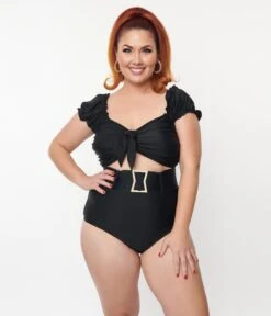 Unique Vintage Plus Size Black Shirred Bow Bandeau Swim Top -New Dress Store unique vintage plus size black shirred bow bandeau swim top 593085