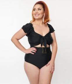 Unique Vintage Plus Size Black Shirred Bow Bandeau Swim Top -New Dress Store unique vintage plus size black shirred bow bandeau swim top 664897