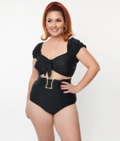 Unique Vintage Plus Size Black Shirred Bow Bandeau Swim Top -New Dress Store unique vintage plus size black shirred bow bandeau swim top 916834