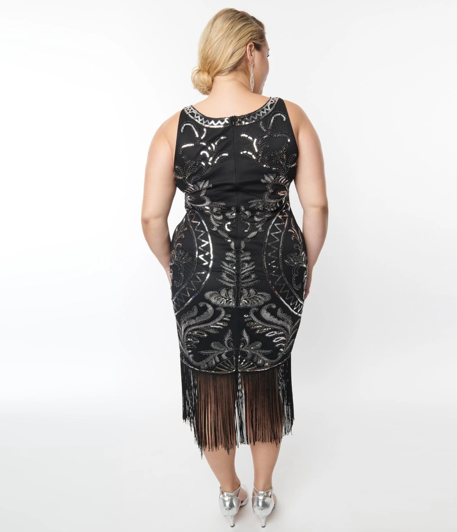 Unique Vintage Plus Size Black & Silver Sequin Sleeveless Fringe Flapper Dress 3 Unique Vintage Plus Size Black & Silver Sequin Sleeveless Fringe Flapper Dress - Image 3