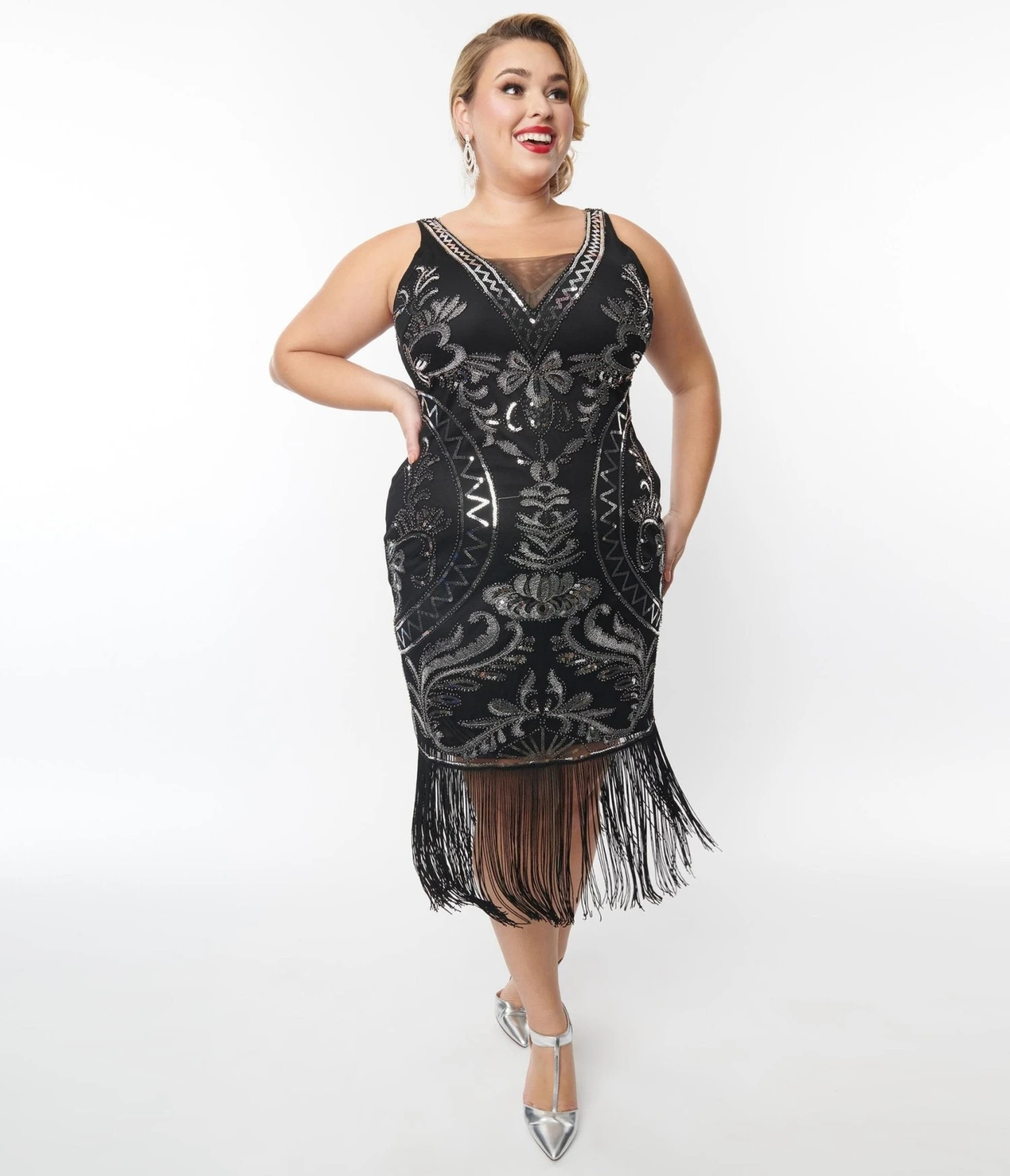 Unique Vintage Plus Size Black & Silver Sequin Sleeveless Fringe Flapper Dress 1 Unique Vintage Plus Size Black & Silver Sequin Sleeveless Fringe Flapper Dress