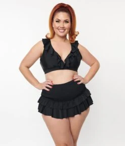 Unique Vintage Plus Size Black Smocked Ruffle Swim Bottom -New Dress Store unique vintage plus size black smocked ruffle swim bottom 188167