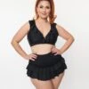 Unique Vintage Plus Size Black Smocked Ruffle Swim Bottom