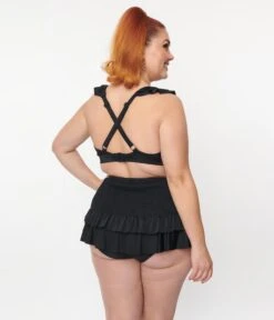 Unique Vintage Plus Size Black Smocked Ruffle Swim Bottom -New Dress Store unique vintage plus size black smocked ruffle swim bottom 801036