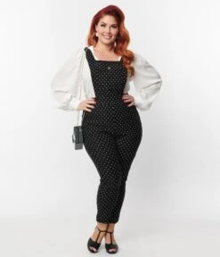 Unique Vintage Plus Size Black & White Pin Dot Skinny Leg Overalls