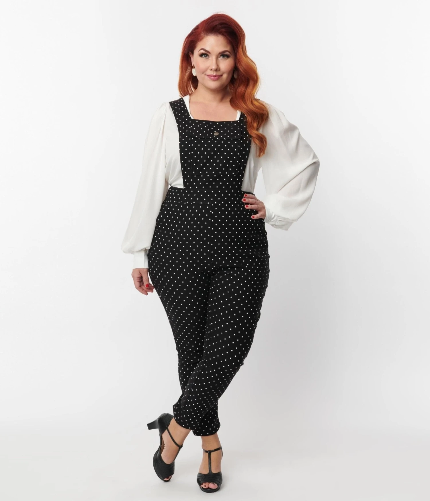 Unique Vintage Plus Size Black & White Pin Dot Skinny Leg Overalls 4 Unique Vintage Plus Size Black & White Pin Dot Skinny Leg Overalls - Image 4
