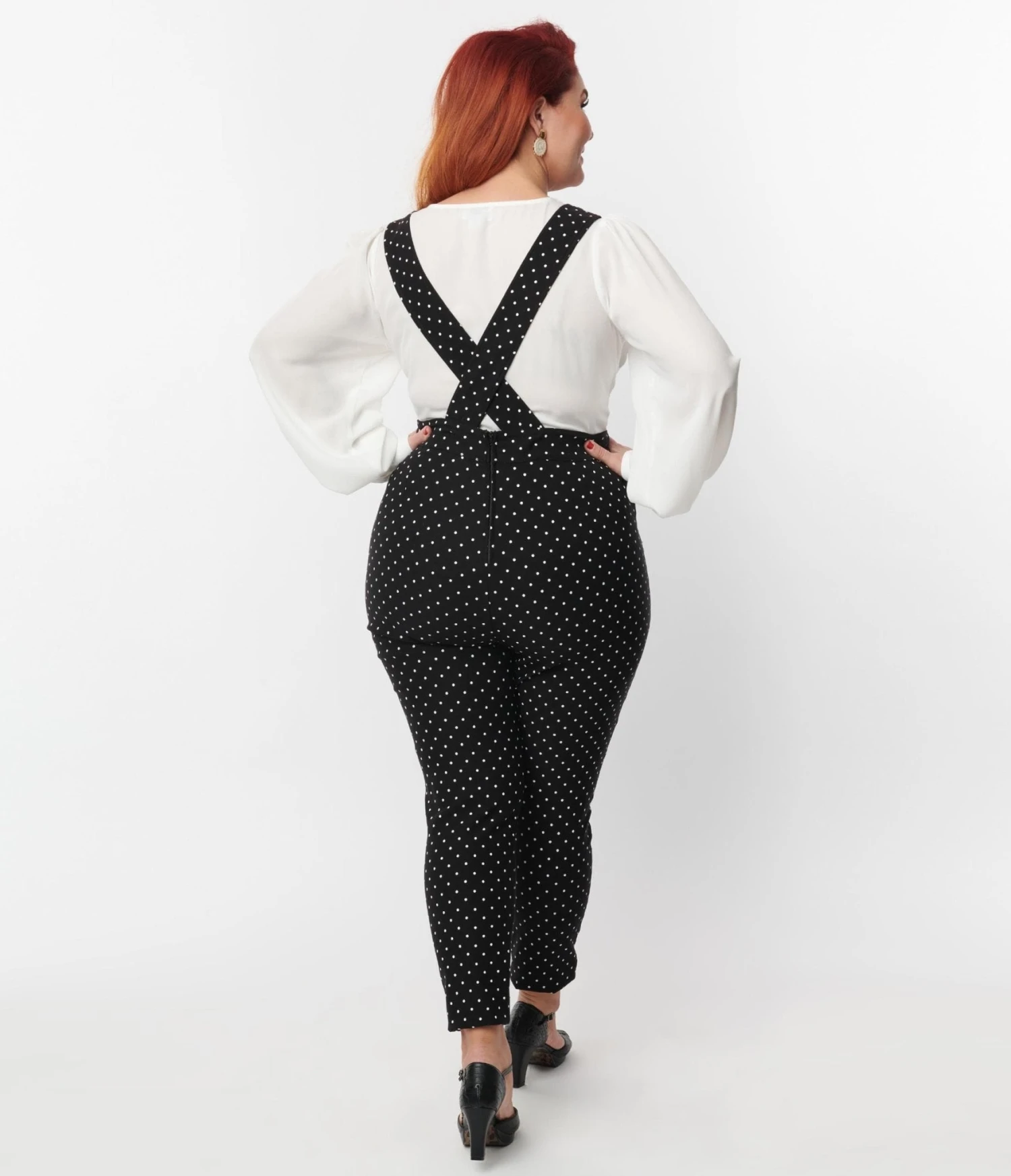 Unique Vintage Plus Size Black & White Pin Dot Skinny Leg Overalls 2 Unique Vintage Plus Size Black & White Pin Dot Skinny Leg Overalls - Image 2