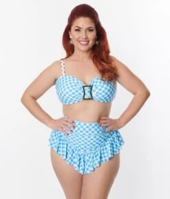 Unique Vintage Plus Size Blue Gingham Ruffle High Waist Swim Bottom -New Dress Store unique vintage plus size blue gingham ruffle high waist swim bottom 459580