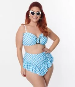 Unique Vintage Plus Size Blue Gingham Ruffle High Waist Swim Bottom -New Dress Store unique vintage plus size blue gingham ruffle high waist swim bottom 463014