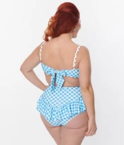 Unique Vintage Plus Size Blue Gingham Ruffle High Waist Swim Bottom -New Dress Store unique vintage plus size blue gingham ruffle high waist swim bottom 663926