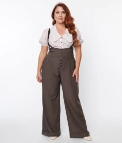 Unique Vintage Plus Size Charcoal Grey Thelma Suspender Pants -New Dress Store unique vintage plus size charcoal grey thelma suspender pants 487625