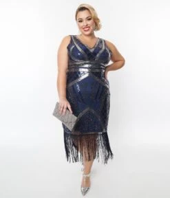 Unique Vintage Plus Size Dark Blue & Silver Deco Sequin Flapper Dress -New Dress Store unique vintage plus size dark blue silver deco sequin flapper dress 696344