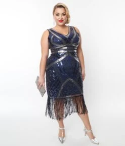 Unique Vintage Plus Size Dark Blue & Silver Deco Sequin Flapper Dress -New Dress Store unique vintage plus size dark blue silver deco sequin flapper dress 957001
