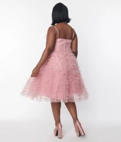 Unique Vintage Plus Size Dusty Rose Glitter Tulle Cupcake Swing Dress -New Dress Store unique vintage plus size dusty rose glitter tulle cupcake swing dress 413298