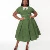 Unique Vintage Plus Size Green & Ivory Black Dot Swing Dress
