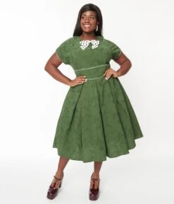 Unique Vintage Plus Size Green & Ivory Black Dot Swing Dress