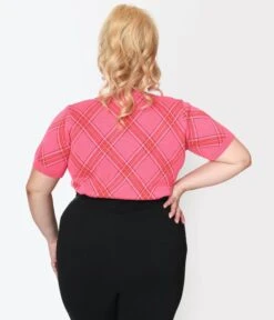 Unique Vintage Plus Size Hot Pink Bias Plaid Short Sleeve Sweater -New Dress Store unique vintage plus size hot pink bias plaid short sleeve sweater 465021
